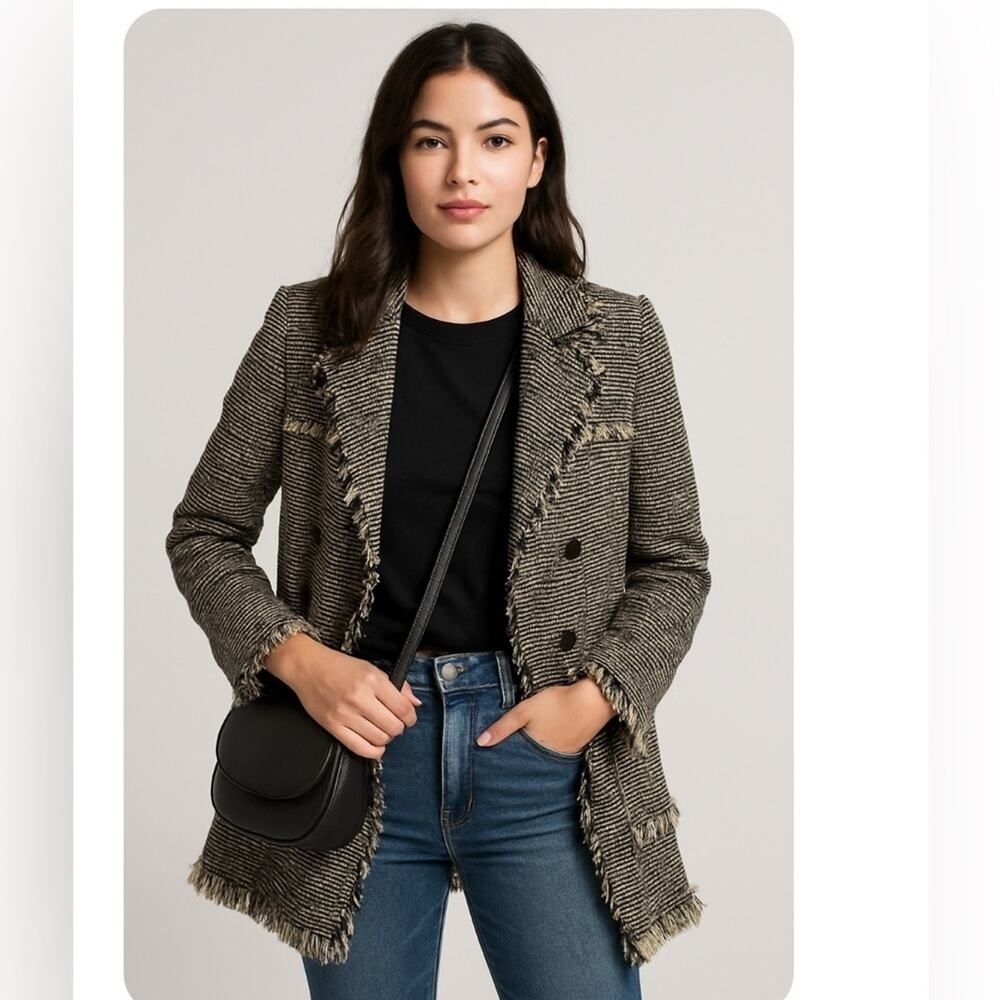 McGinn Tweed Fringe Longline Blazer, Career, Casual Chic, Blk/white, Academia S